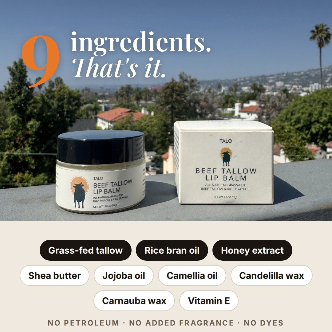 9 ingredients. That's it. Grass-fed tallow, rice bran oil, honey extract, shea butter, jojoba oil, camellia oil, candelilla wax, carnauba wax, vitamin E. No petroleum, no added fragrance, no dyes.