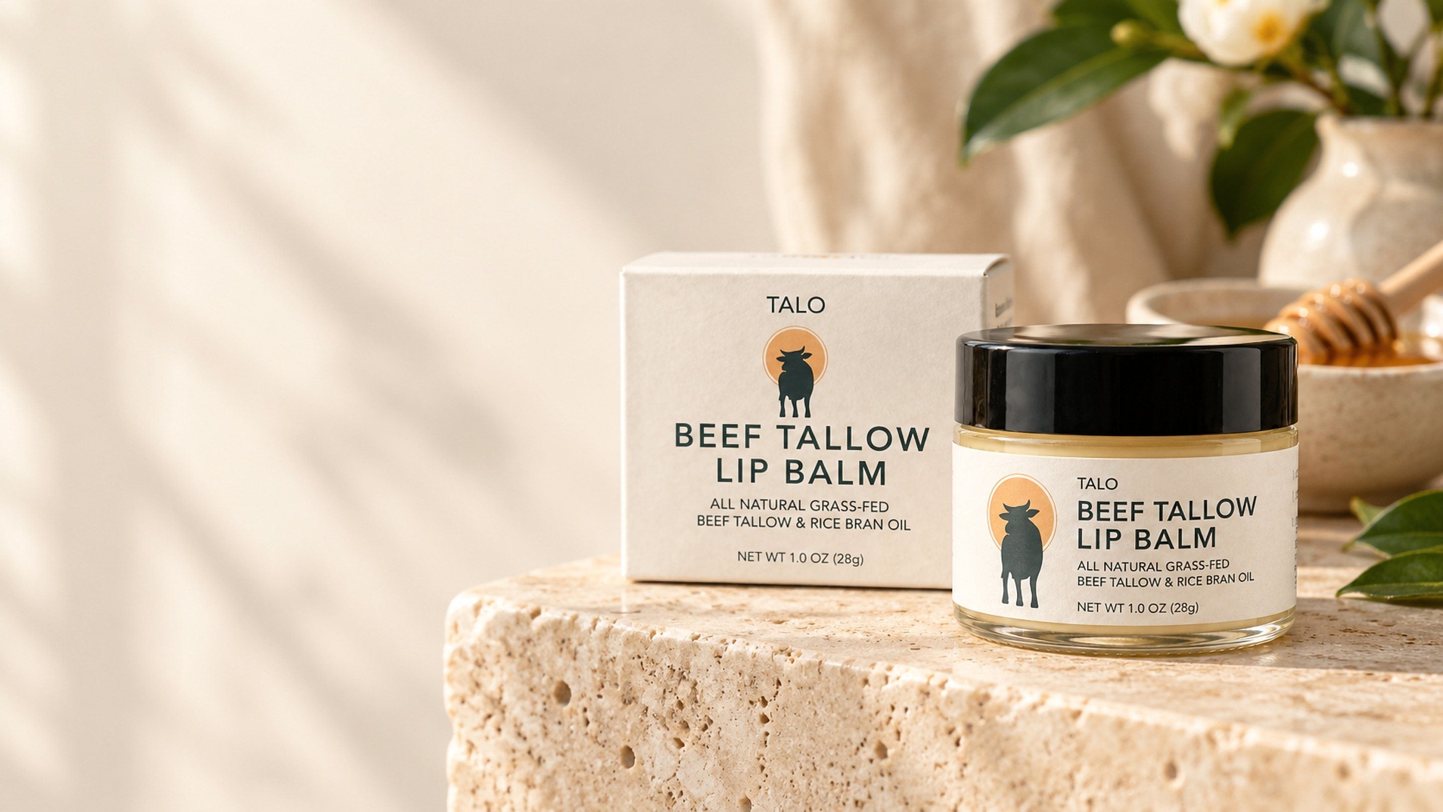 TALO beef tallow lip balm jar and box on a travertine ledge